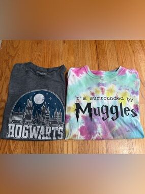 Lot of 2- Harry Potter Tie-Dye 'Muggles' Tee Shirt AND Gray 'Hogwarts' Tee Shirt